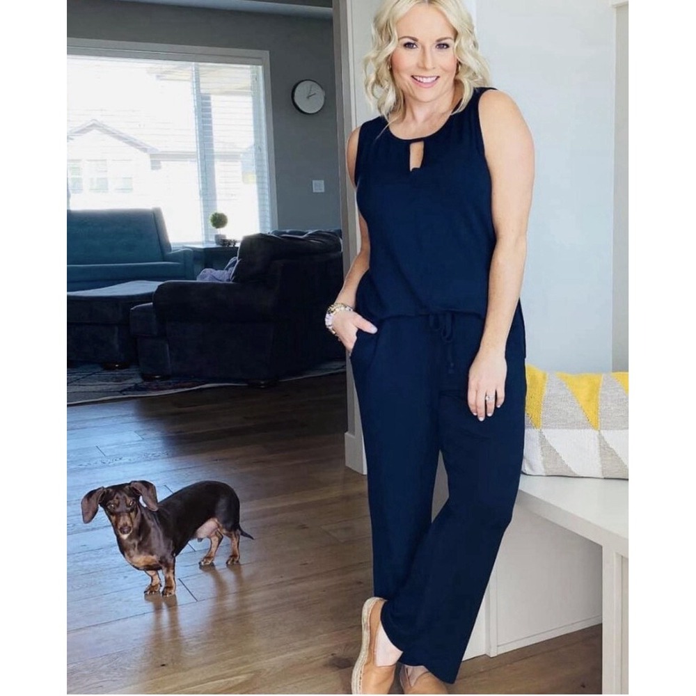 CAbi Style #5954 Women Medium Dark Navy Blue Summer Jumpsuit Pocket Drawstring